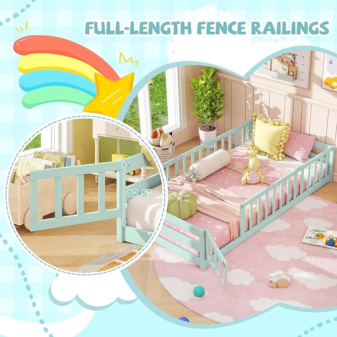 Giantex Twin Floor Bed with Door & Fence, Kids Wood Montessori Beds with Safety Guardrails, Floor Bed Twin for Kids, Boys, Girls, No Box Spring Needed, Mint Sky