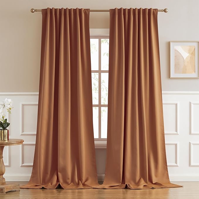 DUALIFE Brown Orange Blackout Curtains Living Room 96 Inches 2 Panels - Back Tab and Rod Pocket Boho Fall Decor Room Darkening Bedroom Curtains Drapes, Golden Oak Color