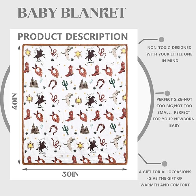 Breling Western Cowboy Muslin Baby Blankets for Girls Boys, 100% Cotton Crib Blanket for Infant Toddler, 40 x 36 Inch Soft and Lightweight Nursery Swaddling Wrap