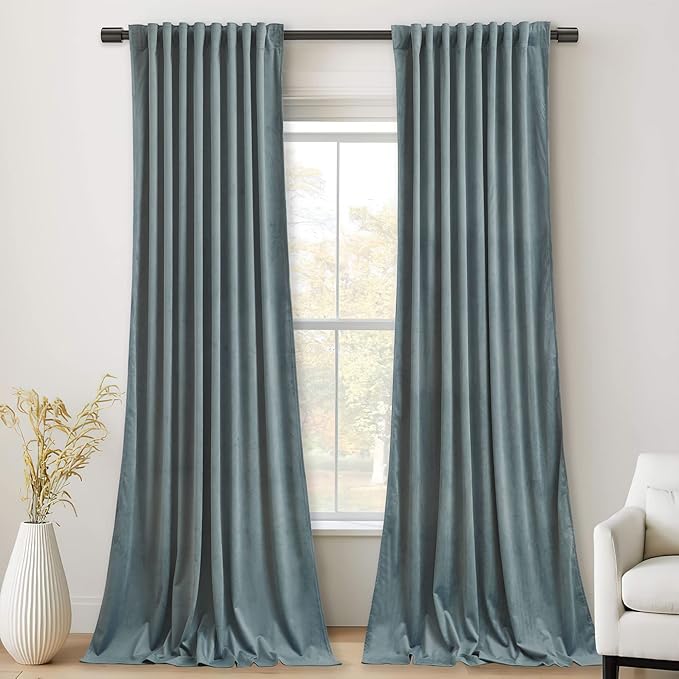 StangH 108 inches Long Stone Blue Velvet Curtains - Back Tab Thermal Insulated Privacy Protect Window Drapes Elegant Home Decor for Kids Party/Living Room, W52 x L108, 2 Panels