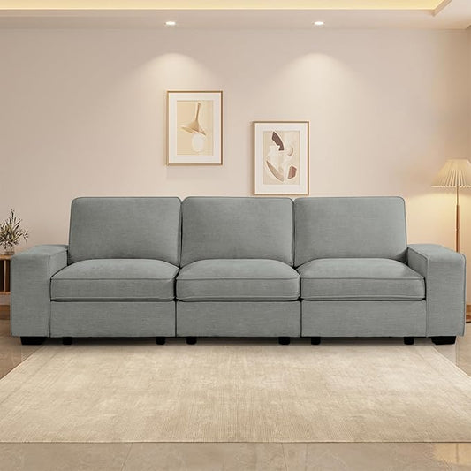 TEKAMON 100" Modular Sofa with Seats Storage, Comfy 3-Seater Chenille Fabric Couch for Living Room, Office, Apart W/Deep Seat, USB Charging, Upholstered Couch with Removable Cover(Light Grey)
