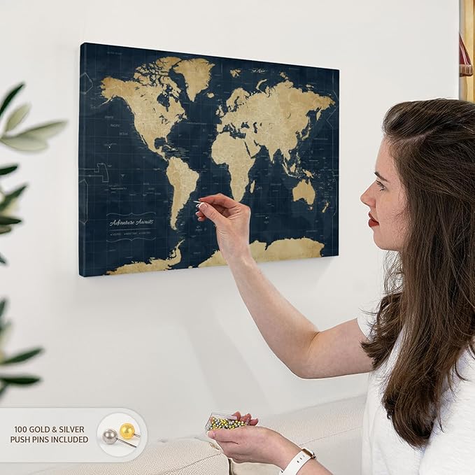 ElephantStock - Adventure Awaits World Map With Push Pins Wall Art - Horizontal Canvas Wall Art - Living Room Wall Decor - Digital Art Map Canvas Art - Gold And Blue Decor - 24" x 16"