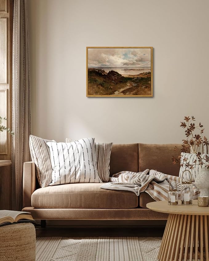 OIQArtOIQ Framed Vintage Landscape Wall Art Coast Natural Scenery Oil Painting Canvas Prints Country Farmhouse Aesthetic Decor Pictures for Kitchen Bedroom Living Room Bathroom