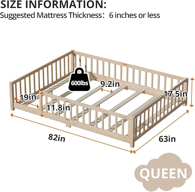 LLS Queen Floor Bed for Kids Toddlers, Solid Wood Multifunctional Montessori Bed Frame with Safety Guardrails, Without Door, Easy Assemble,Natural