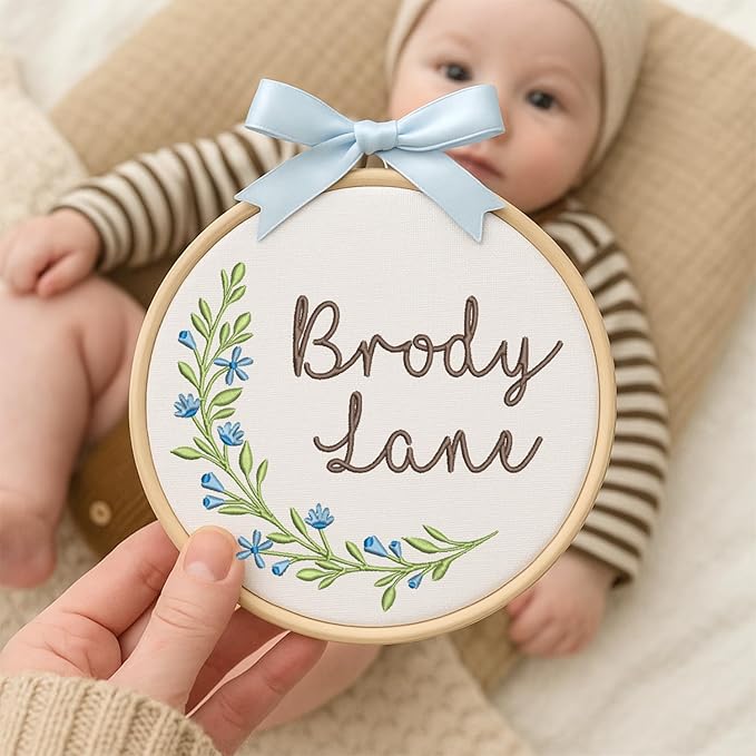 Personalized Baby Name Sign Welcome Baby Announcement Sign Newborn Baby Embroidery Hoop with Bows Baby Hospital Name Sign Custom Infant Baby Name Baby Shower Gifts (12)