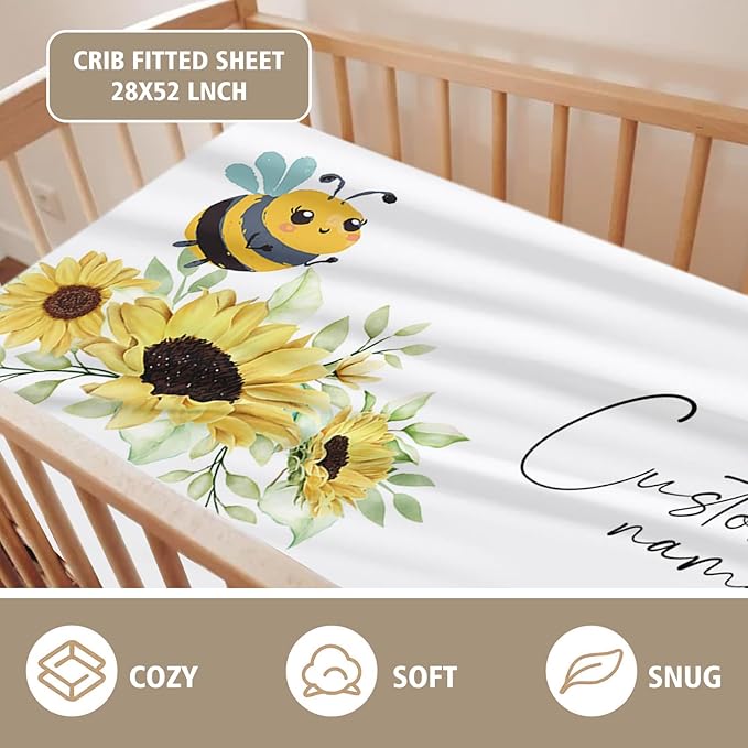 Personalized Crib Bedding Set for Boys Girls, Custom Baby Crib Sets with Name, Yellow Bee Design Nursery Bedding 2 Piece - Soft Blanket with Double Layer Dotted Backing, Crib Fitted Sheet