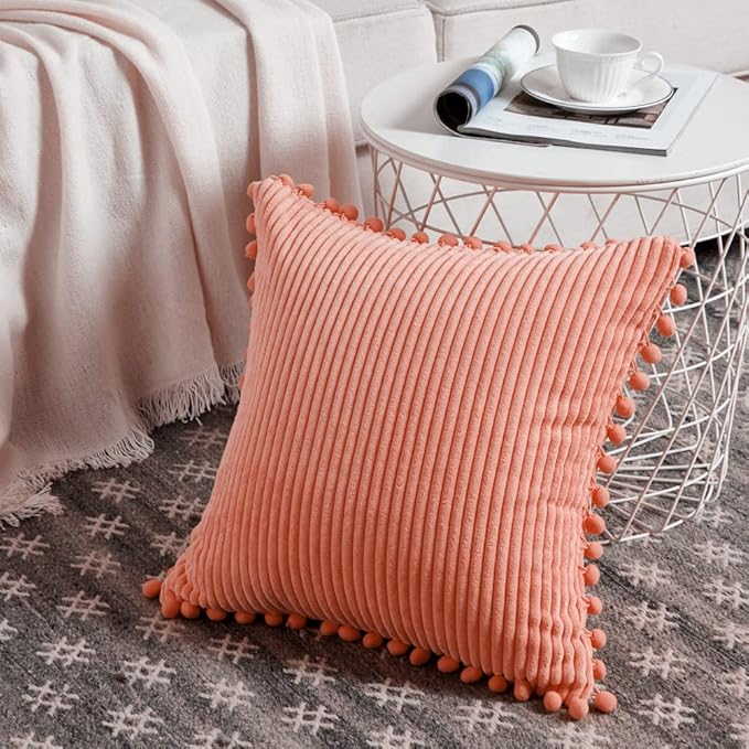 Fancy Homi Set of 2 Coral Decorative Throw Pillow Covers 14x14 Inch with Pom-poms for Couch Bed Sofa, Modern Farmhouse Boho Home Decor, Soft Plush Corduroy Cute Cushion Case 35x35 cm