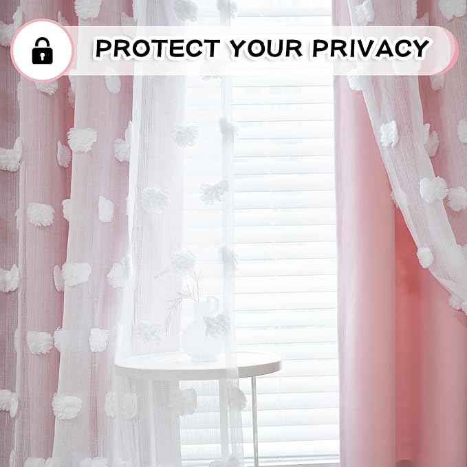 MYSKY HOME Light Blocking Pink Curtains White Sheer Pom Pom Kids Room Decor Drapes for Living Room 95 Inches Long Double Layer Curtains for Sliding Door Grommet Window Panels Set of 2 52" x 95"