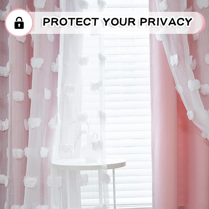 MYSKY HOME Pink Curtains for Girls Bedroom Nursery Curtain Double Layer White Pom Pom Sheer Window Panels for Kids Room Back Tab Room Darkening Window Drapes 63 Inches Length, W52 X L63, 2 Pieces