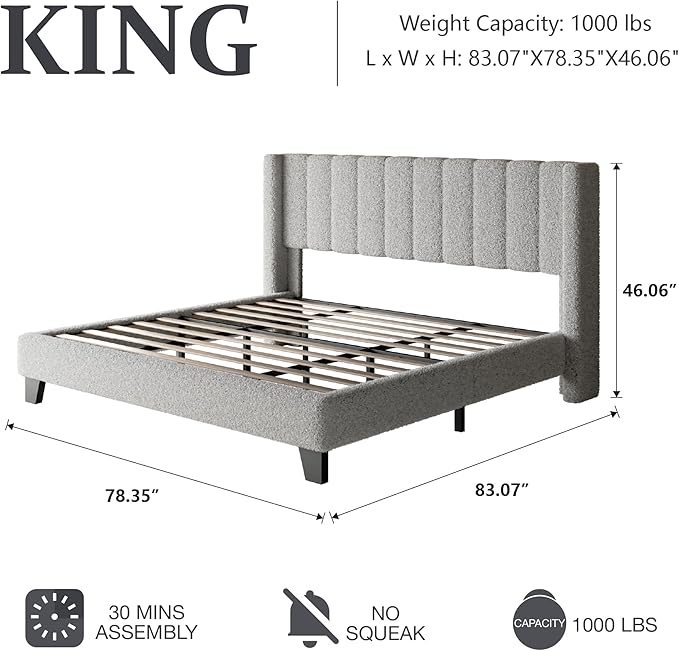 King Bed Frame with Headboard Upholstered Platform Bed Frame with Teddy Velvet Headboard, Wooden Slats Support/Wing Edge Design/No Box Spring Needed/Easy Assembly, Grey King