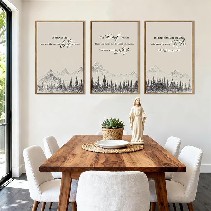 IARTTOP Extra Large Christian Bible Verse Framed Wall Art 24x36 Inch Set of 3 Jesus Catholic Biblical Scripture Canvas Wall Decor Minimalist Grey Mountain Landscape Prints for Living room Dining room