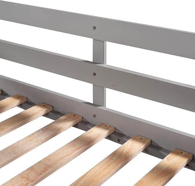L-Shaped Full and Twin Size Bunk Bed with Slide and Short Ladde, Solid Wood 4 in 1 Design Quad Bunk Bed Frame with Safety Guardrail for Aldults Kids Teens (Gray-4)