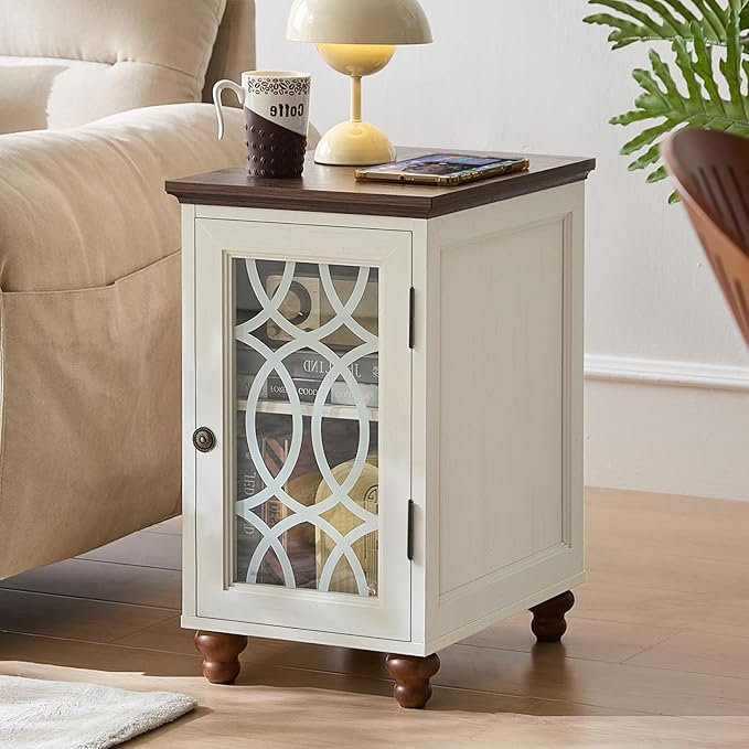 Narrow Side Table Set of 2 with Glass Door, 18 x 14'' Night Stand with Adjustable Shelf Storage Cabinet Organizer, Bedside End Tables Wood Nightstand for Small Spaces Living Room Bedroom