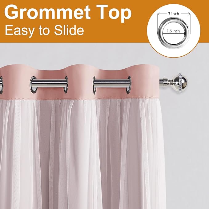 DWCN Layered Curtains Blackout and Sheer Curtains with Tiebacks Grommet Top Window Treatments with Sheer Overlay for Living Room, Girls Bedroom, Nursery, 38 W by 63 L, Rose Blush, 2 Pieces