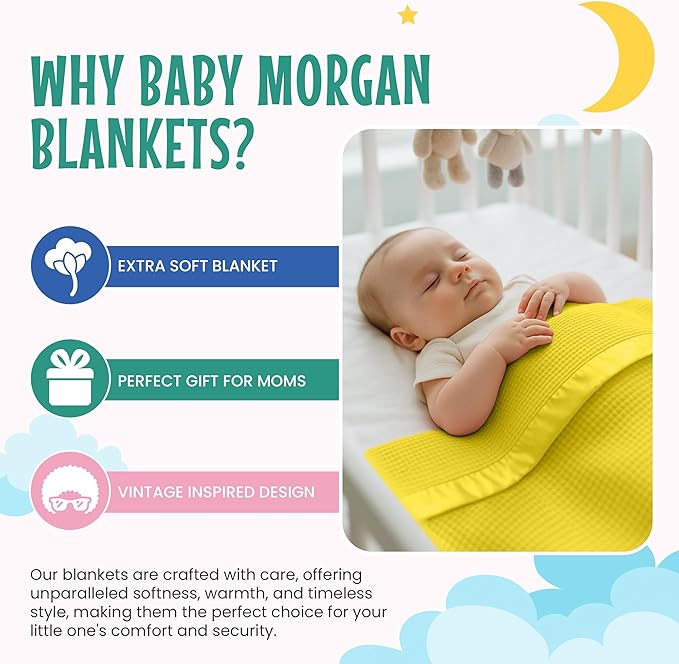 Blankets Thermal Waffle Baby Blanket Crib Bedding - Soft Cozy Warm Infant Thermal Cover for Nursery Stroller or Bassinet, Lightweight Ideal Shower Gift, Satin Trim Yellow 36" x 50"