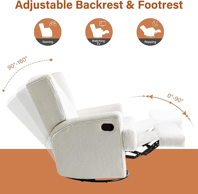 UIXE Swivel Glider Recliner Chair for Adults, Boucle High Back Accent Chair Nursery Rocker for Living Room, Upholstered Manual Reclining Sofa Seating with Deep Seat - Beige