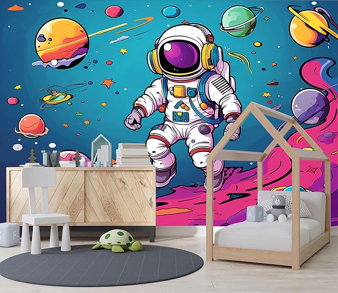 XMPMBM-3d Cartoon Astronauts Starship Nursery Room Fabric Wallpaper Hand-Painted Graffiti Planet Kids Gaming Room Wall Mural-W 88" X H 59"（36 Square Foot）
