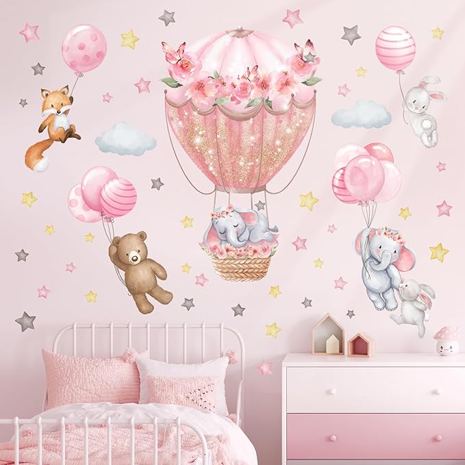 DECOWALL SG2-2408 Animal Hot air Balloon Balloons Wall Stickers Decals Flowers Elephant Bear Baby Nursery Bedroom Girls Toddler Pink Room Home Décor Decorations Kids Fox Rabbit Peel and Stick