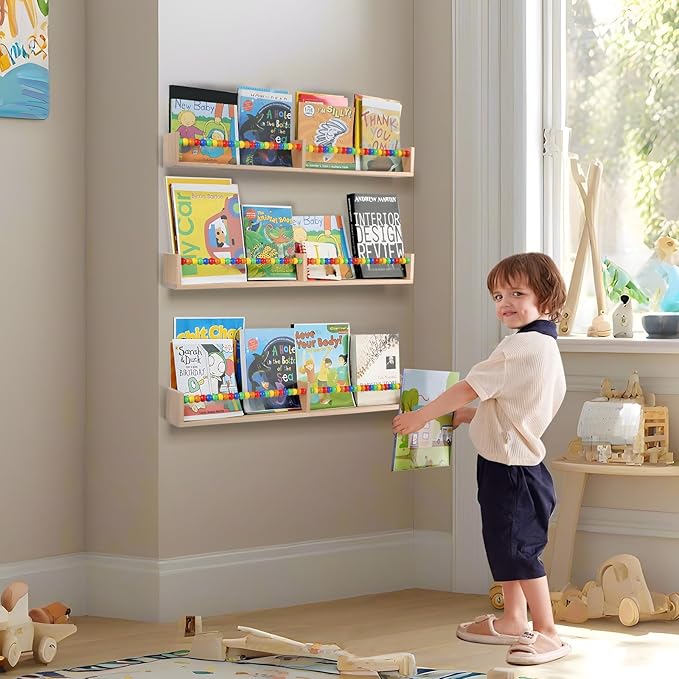 Nursery Book Shelves 32 inches Set of 3,Wall Bookshelves for Kids,Nursery Shelves for Bookshelf Wall,Book Shelf Organizer for Kids(Five-Color Beads)