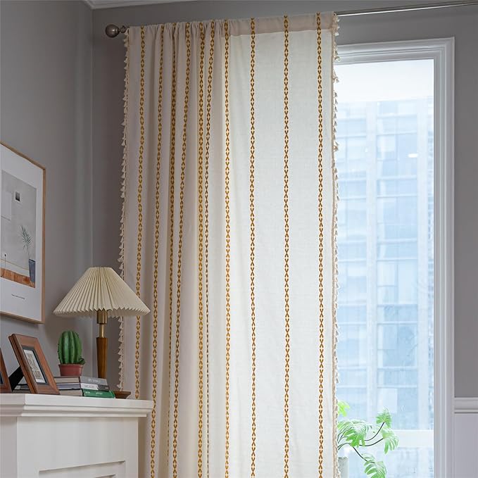 Deeprove Gold Yellow Boho Curtains 96 inches Long for Bedroom, Vintage Privacy Bohemian Embroidery Light Filter Cotton Linen Stripes French Country Tassel Window Treatments Decor, W52 x L96, 1 Panel