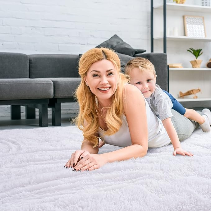 Merelax Soft Modern Indoor Large Shaggy Rug for Livingroom Bedroom Dorm Kids Room Home Decorative, Non-Slip Plush Fluffy Furry Fur Area Rugs Comfy Nursery Accent Floor Carpet 8x10 Feet, White
