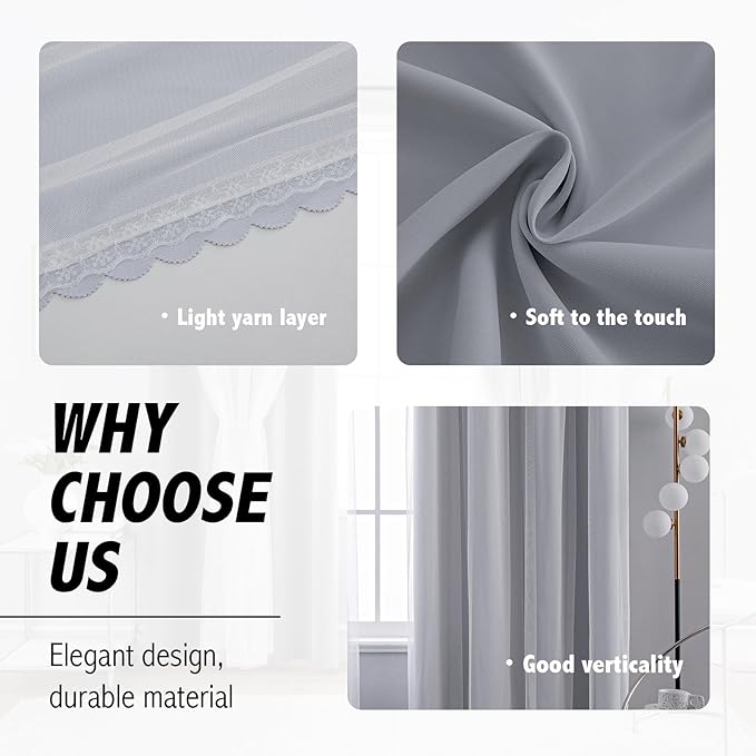 Anytime Home Curtains Blackout and Sheer Layered Solid Window Curtain Panel Pair with Grommet Top, 52Wx120L,Greyish White