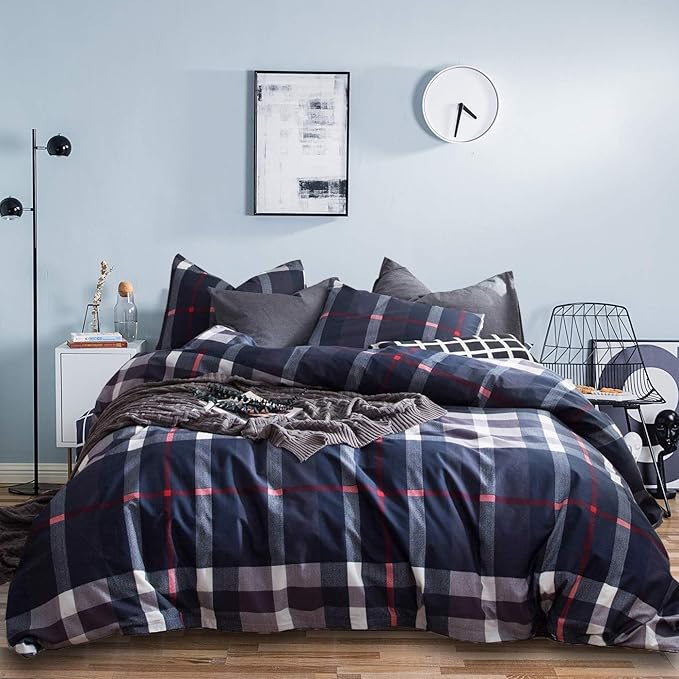 Jumeey Plaid Duvet Cover Queen Size Navy Blue Grid Bedding Set Buffalo Plaid Bedding Teens Boys Dark Color Gingham Grid Tartan Bedding Set Men Check Duvet Cover Full