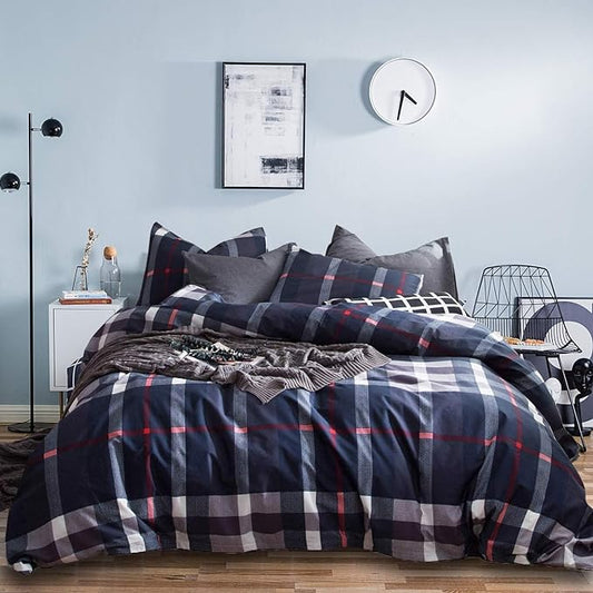 Jumeey Navy Plaid Duvet Cover Dark Blue Bedding Set King Grid Buffalo Checkered Duvet Cover Men Women Boys Teens Tartan Check Grid Bedding King Size