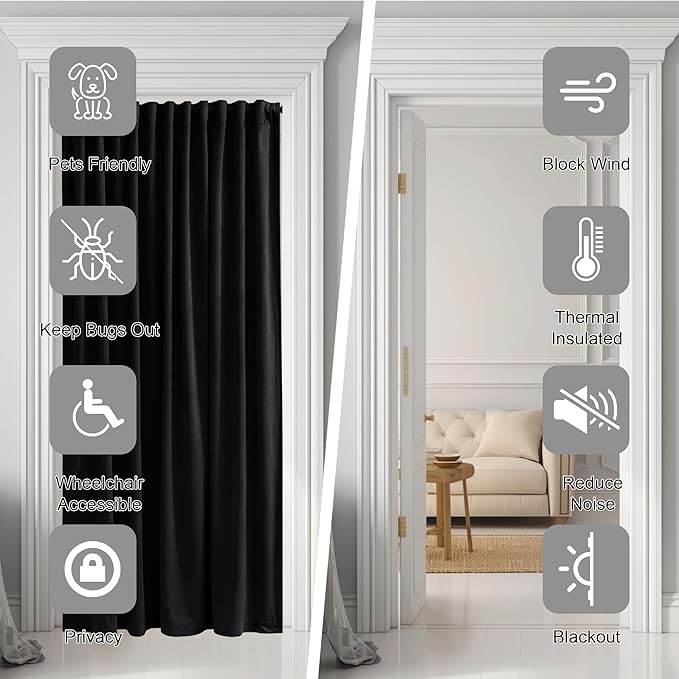 StangH Black Velvet Curtain for Sliding Door Covering Back Tab Blackout Thermal Insulated Doorway Curtain Luxury Home Decoration for Living Dining Room Bedroom Closet, W62 x L80, 1 Panel