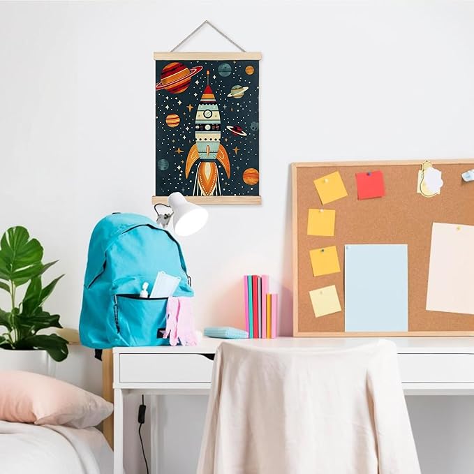 URLLUAE Rocket Ship Space Wall Art Posters for Kids Room, Colorful Outer Space Planet Poster Hanger Frame for Boys Bedroom Classroom Nursery Playroom Wall Decor, 12x16 Inch