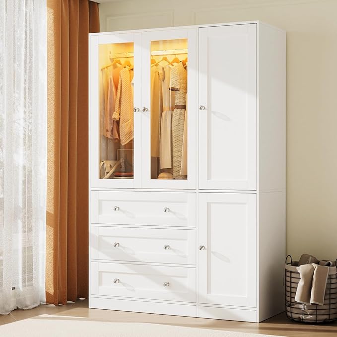 VOWNER 75" Tall Armoire Wardrobe Closet with Drawers and LED Lights, Clothing Storage Cabinet with Glass Doors & Hanging Rod, 4 Doors Wooden Armoire Storage Cabinet for Bedroom(White)