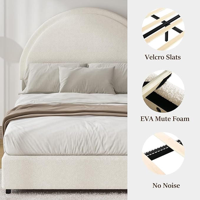 Queen Bed Frame, Boucle Upholstered Platform Bed Frame with Rounded Corners, Soft Bedframe with Round Headboard, No Box Spring Required, Easy Assembly, White