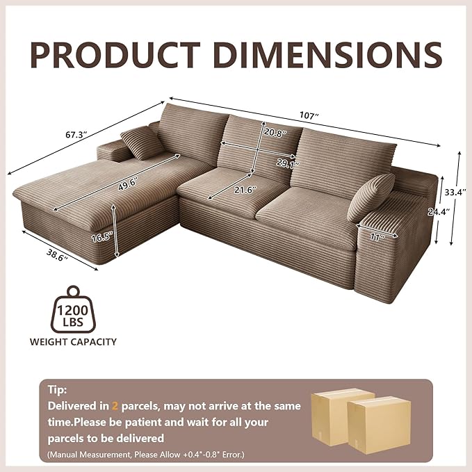 107 Inch Cloud Sectional Couch, Modern Modular Sectional Sofa with Deep Seat, Corduroy Boneless Couches with L-Shape Chaise for Living Room Bedroom, No Assembly Required (Camel, Left Facing Chaise)