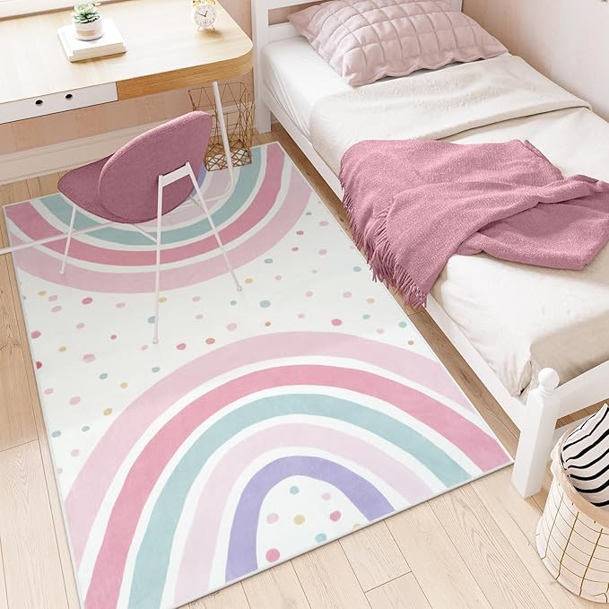 STARUIA 4x6 Washable Rainbow Rug for Nursery Kids Room, Soft Polka Dot Pink Area Rugs for Girls Bedroom, Non-Slip Carpet Kids Rug for Playroom Princess Castle
