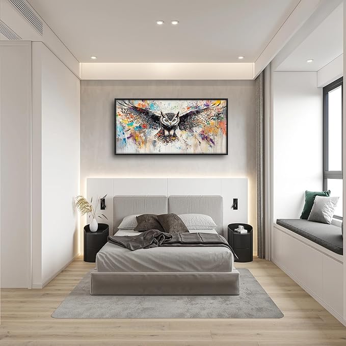 Large Banksy Owl Wall Art for Living Room, Framed Oversized Owl Wall Decor Wild Animal Canvas Painting Pictures Modern Artwork for Living Room Bathroom Bedroom Office Dining Room 60"x30"