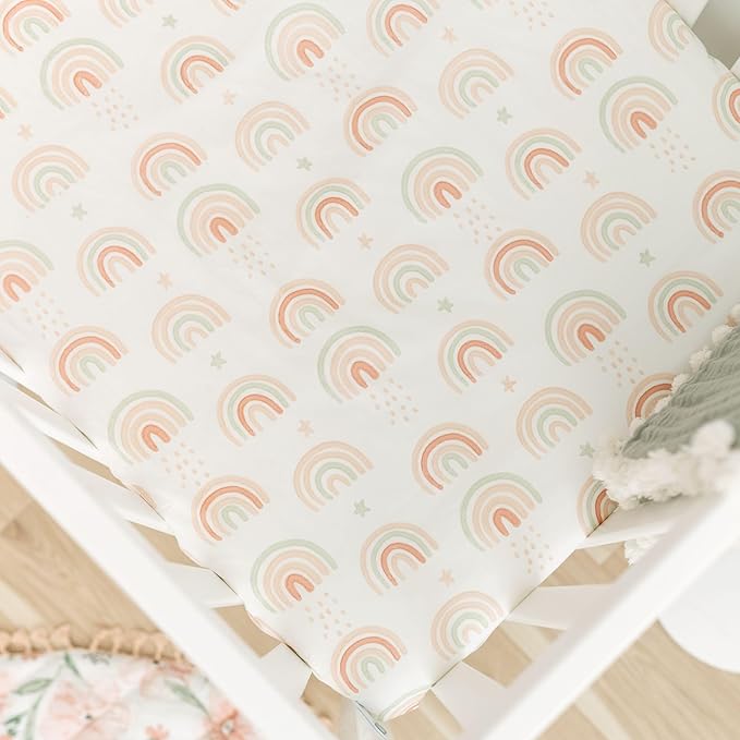 Crane Baby 100% Cotton Breathable Fitted Baby and Toddler Sheet for Standard Mattress (28 X 52), Machine Washable Crib Boho Rainbow Boho Rainbow
