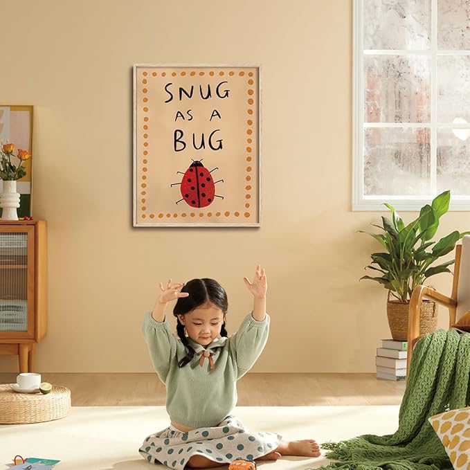 KISSFOX Framed Wall Art Nursery Wall Decor Ladybug Pictures Sung As A Bug Canvas Art Cute Insect Paintings Artwork For Kids Children Boys Girls Room