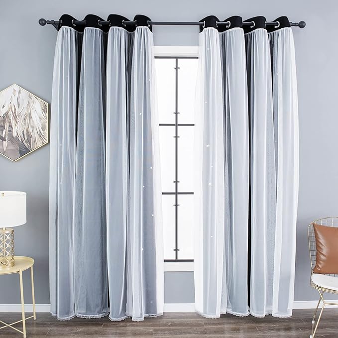 Kinryb Black Star Cutout Blackout Curtains Double Layer Curtains with Durable Sheer Curtains for Bedroom Thermal Insulated Window Treatment Set with 2 Free Tiebacks (52W x 72L 2 Panels Black)