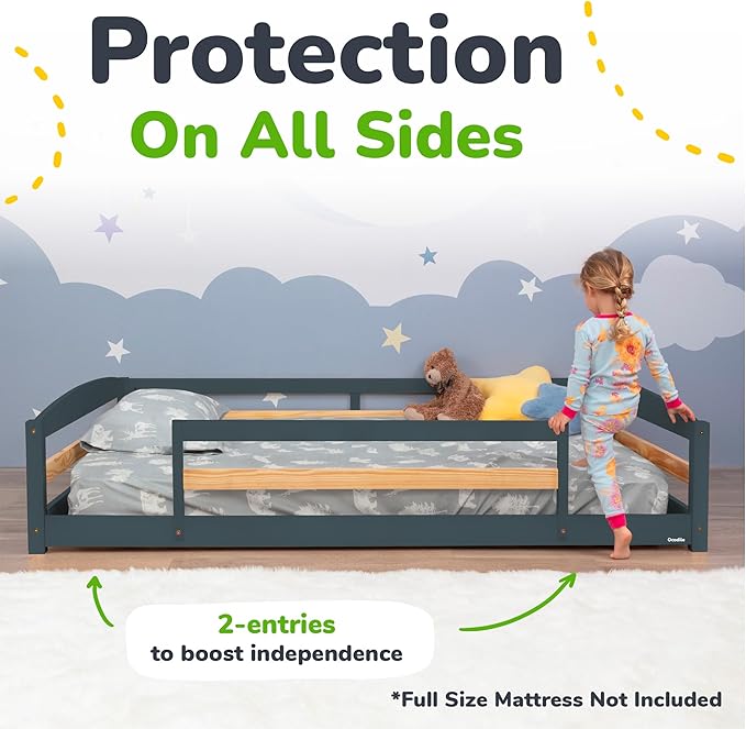 Ocodile Full Size Montessori Floor Bed for Kids - Strong Slatted Bed Frame with Full Rails - Ideal for Little Girls and Boys - Gray