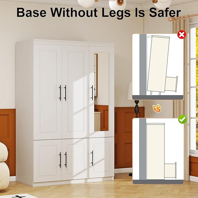 3 Door Armoire Wardrobe Closet with Mirror: White Wood Wardrobe Closet Cabinet Wooden Bedroom Armoire with Hanging Rods for Home/Bedroom/Living Room