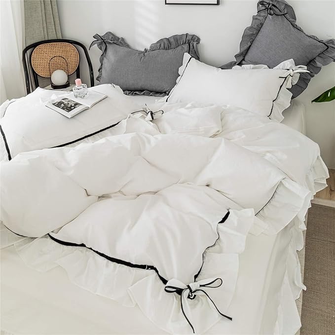 Ruffled Bedding Bow Duvet Cover Set with Butterfly Tie, Soft Brushed Microfiber Shabby Chic Bedding Set with Zipper Closure for Kids Girls-White,Twin