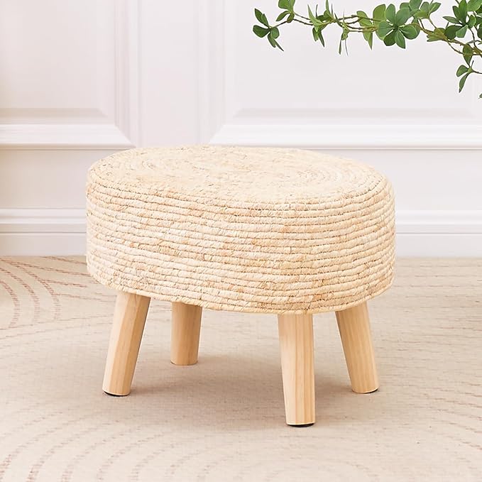 Cpintltr Round Ottoman Natural Seagrass Footstool Hand Weave Water Hyacinth Poufs Eco Friendly Sofa Foot Stool Soft Step Stool Padded Foot Rest with Pine Legs for Living Room (Cream)