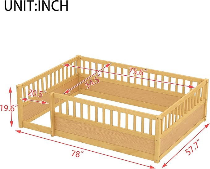 Kids Montessori Floor Bed,Full Size Floor Bed with High Fence and Door,Full Bed Frame with Guardrails for Kids,Girls,Boys,Full,Natural