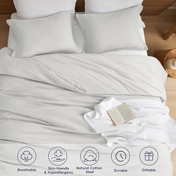 PHF Cotton Muslin Comforter Set Queen Size, Ultra Soft, Breathable & Lightweight All-Season Bedding, Filling: 100% Polyester, 3 Pieces with 1 Comforter 90"x90" and 2 Pillow Shams 20"x26", Light Grey