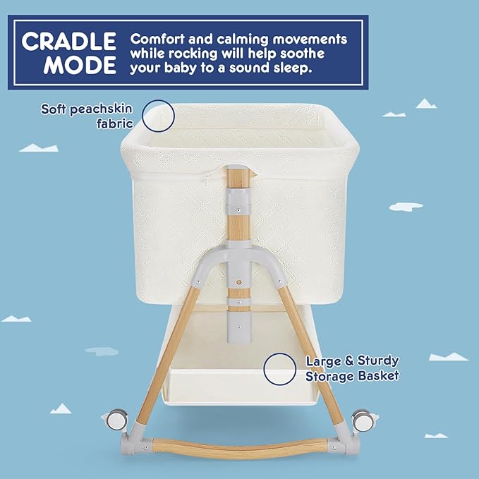 HARPPA Cuddly Bassinet, 3 in 1 Baby Bassinet, Rocking Bedside Bassinet with Wheels, 5 Height Adjustable, Includes Mosquito Net, Mattress, Anchor Strap
