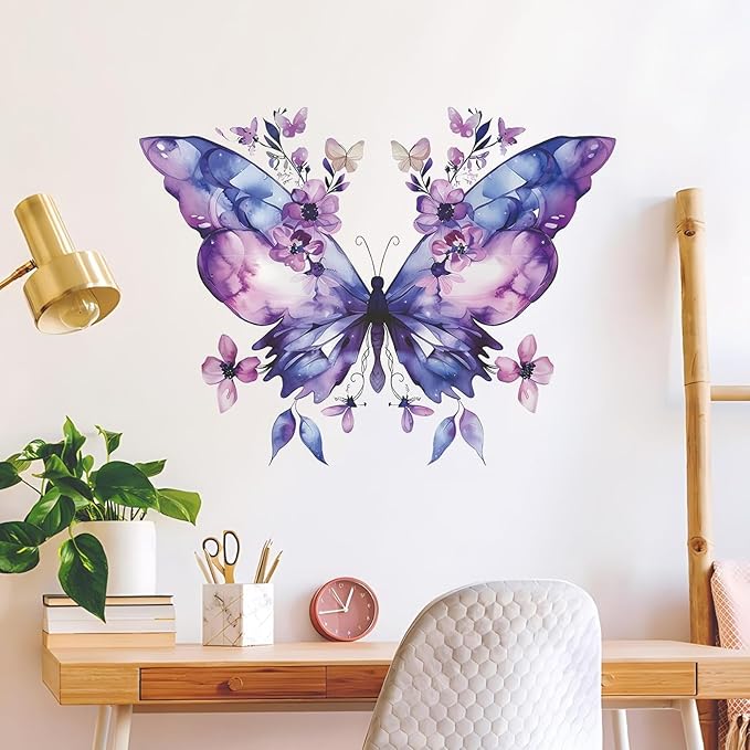 Purple Butterfly Flower Wall Decals Large Blue Butterfly Stickers Colorful Art Decal Removable Peel and Stick Butterflies Wall Decor for Kids Girls Bedroom Nursery Bathroom Decorations