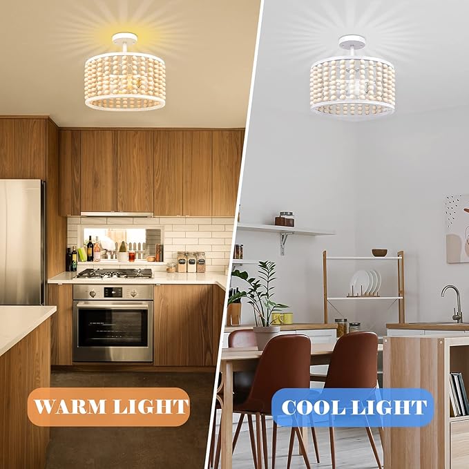 White Wood Beaded Boho Chandelier - Modern Nursery Ceiling Light Fixture, Beaded Semi Flush Mount Light, Farmhouse Lights for Bedroom Hallway Foyer Living Kids Room