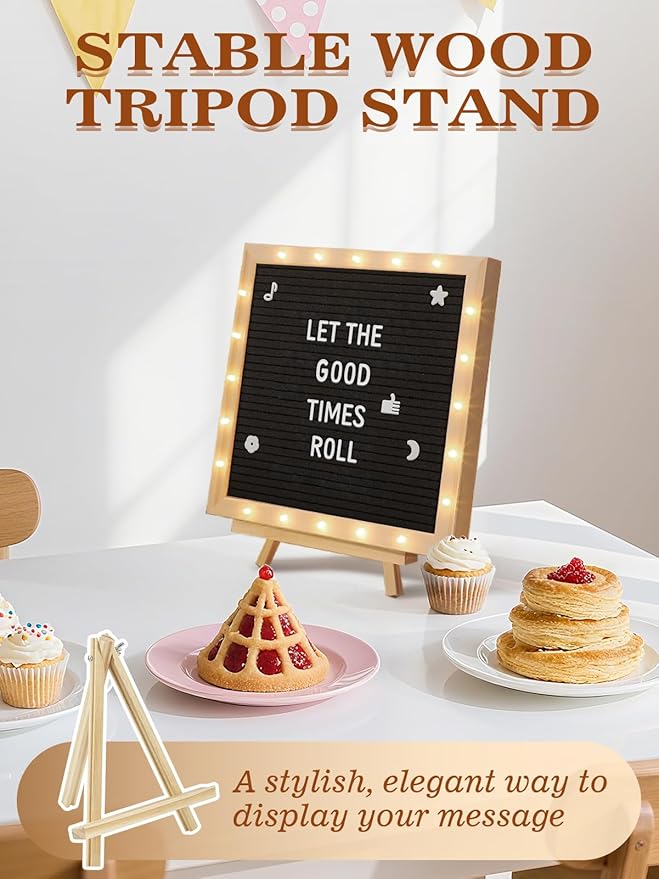 Changeable Felt Letter Board with LED Lights - 10×10" Message Custom Signs & Wood Stand & 450 Letters, Poster Board for Christmas/Pregnancy/Baby Announcement/Classroom Wall Decor Gifts, Black
