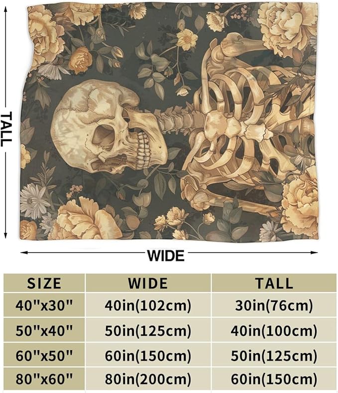 Gothic Skull Blanket Halloween Throw Blanket Spooky Skeleton Bones Flannel Stuff Merch Cozy Decor Fleece Plush Fuzzy Warm Soft Lightweight Bedding Gifts for Women Men Girl Boy Couch 50"X40"