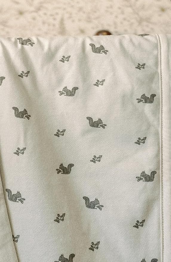 Oilo Baby Blanket, Luxury Plush Chenille Backing & Organic Cotton Jersey Print, Double Layered, 30" x 40", Rolled Jersey Edge Trim, Infant & Toddler Size, Heirloom Organic Collection, Squirrel
